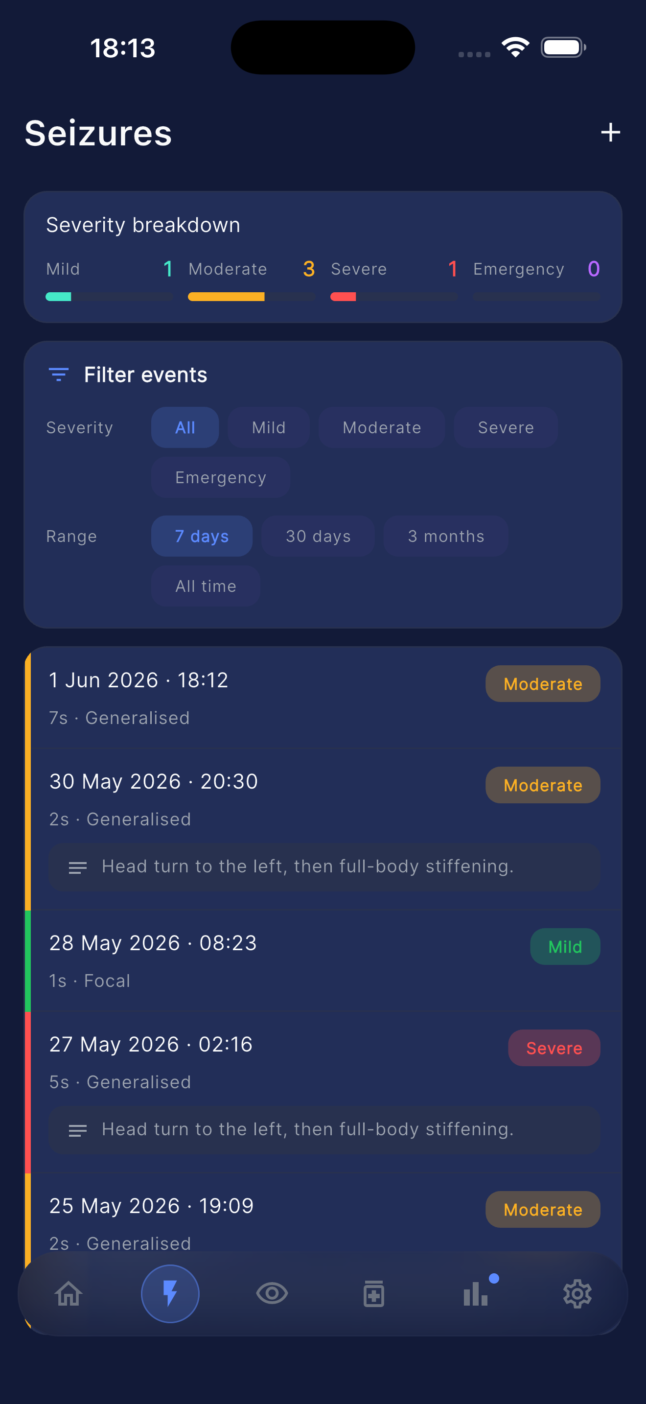 Seizure log screen